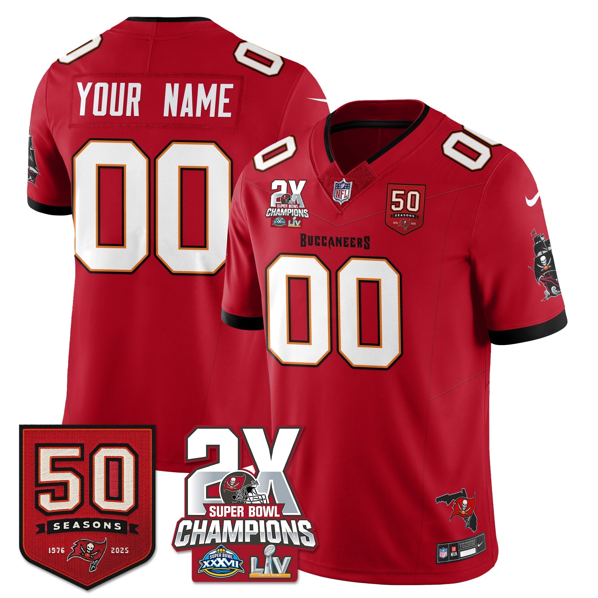 Tampa Bay Buccaneers 2-Time Champions Patch Vapor Limited Custom Jersey - All Stitched - Red