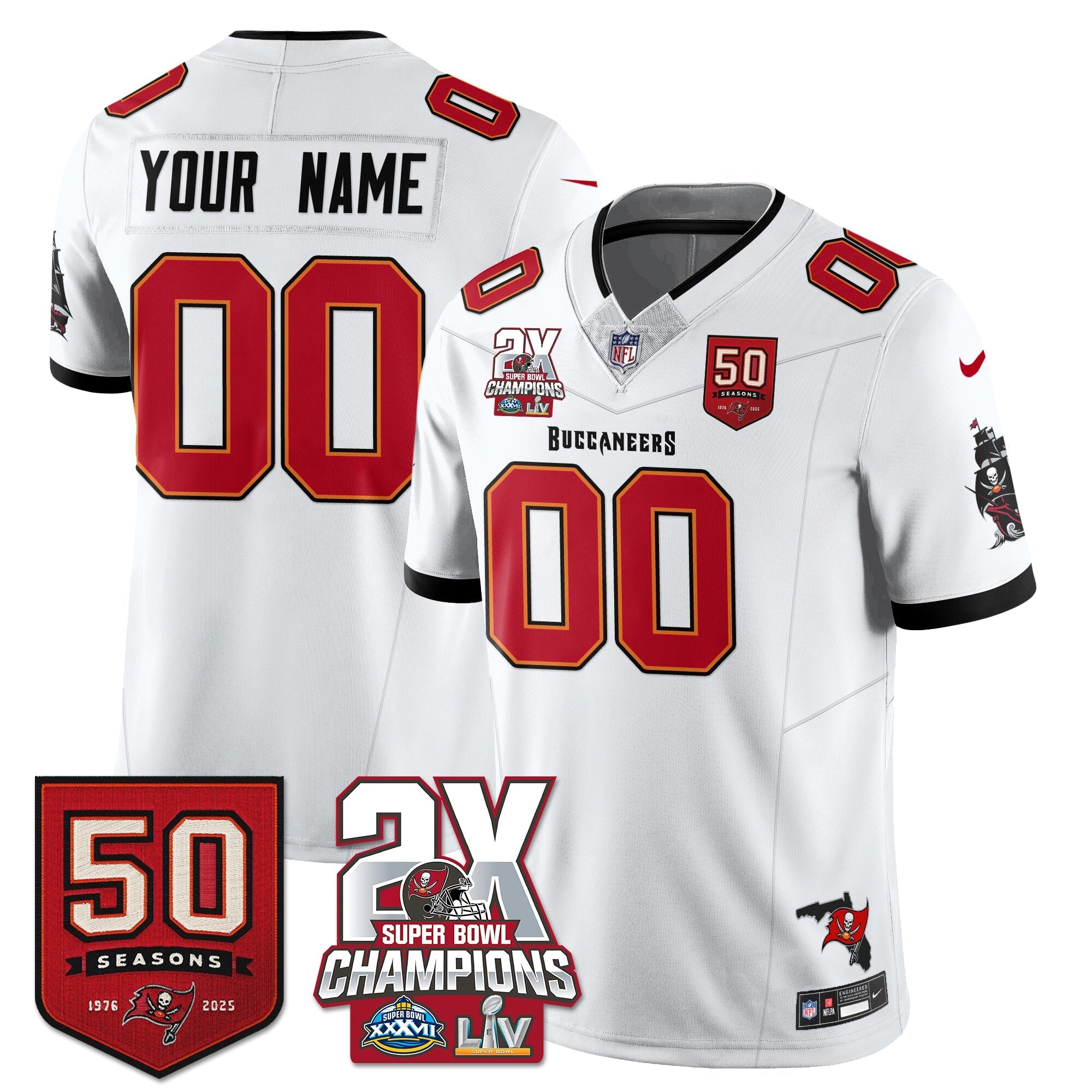 Tampa Bay Buccaneers 2-Time Champions Patch Vapor Limited Custom Jersey - All Stitched - White