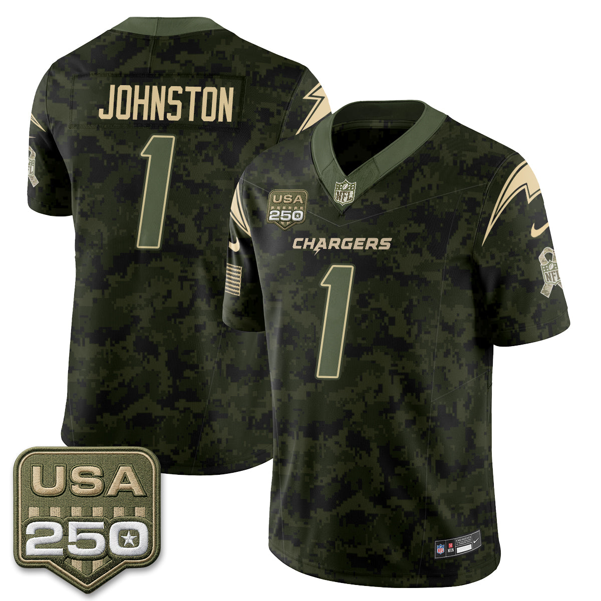 Los Angeles Chargers Quentin Johnston 2026 Salute to Service Vapor Jersey - All Stitched - Camo