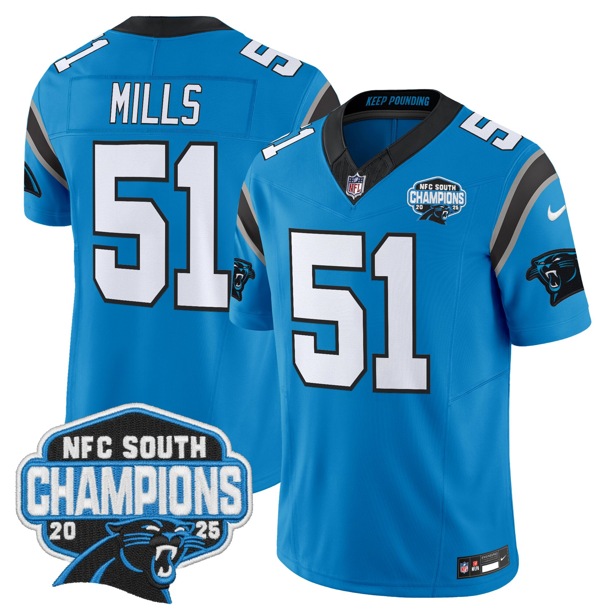 Carolina Panthers Sam Mills 2025 NFC South Division Champions Vapor Limited Jersey - All Stitched - Blue