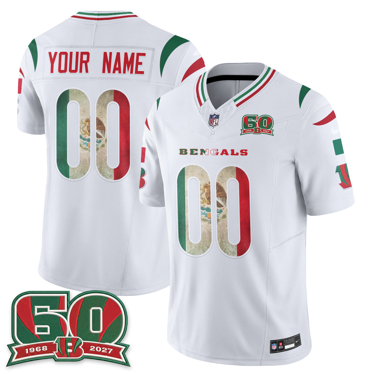 Cincinnati Bengals Mexico Edition Vapor Custom Jersey - All Stitched - White
