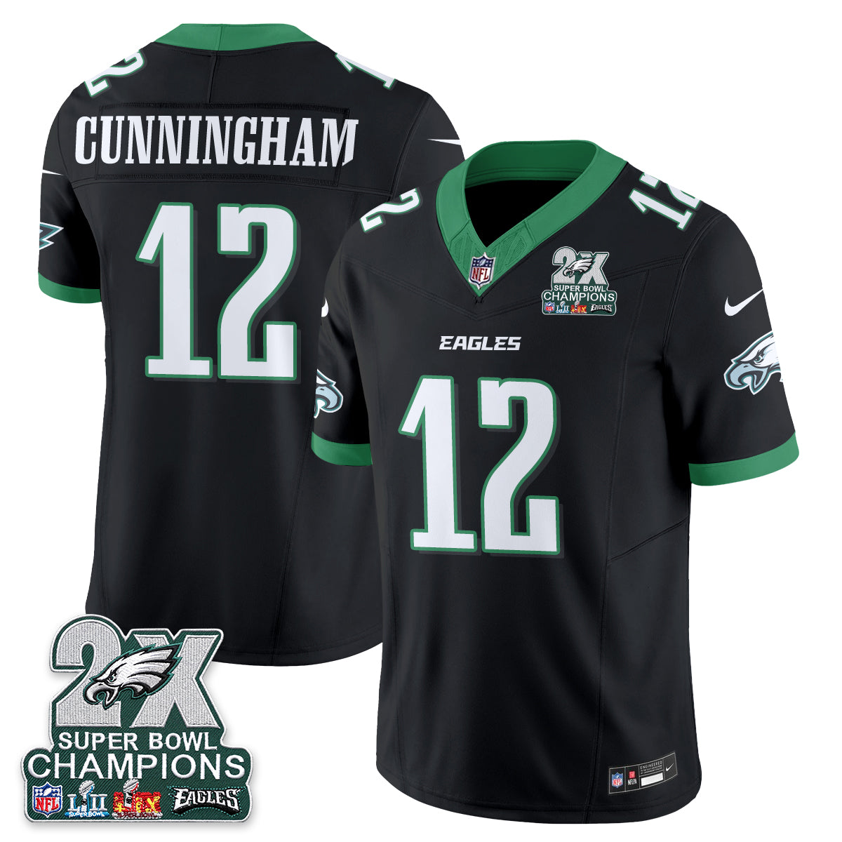 Philadelphia Eagles Randall Cunningham 2X Champions Patch Vapor Jersey - All Stitched - Black