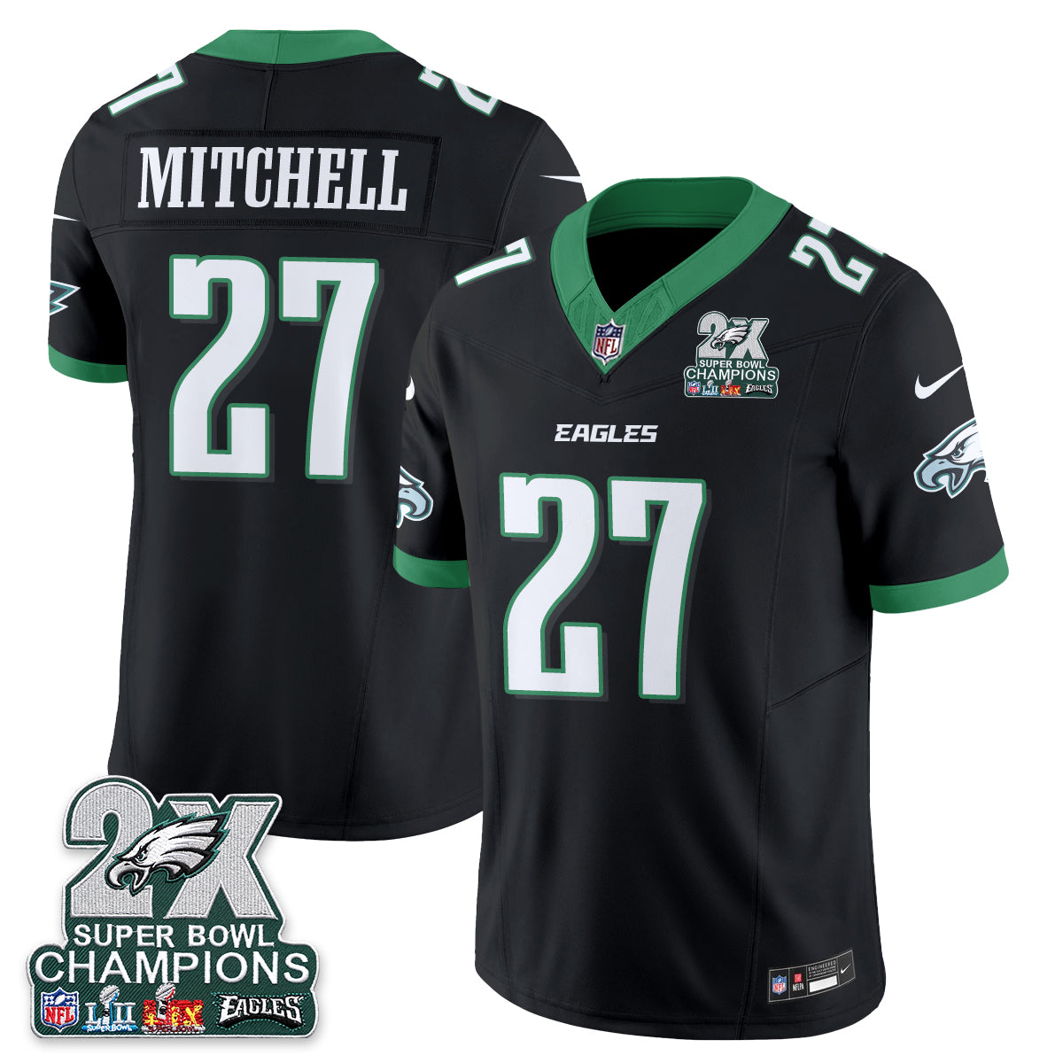 Philadelphia Eagles Quinyon Mitchell 2X Champions Patch Vapor Jersey - All Stitched - Black
