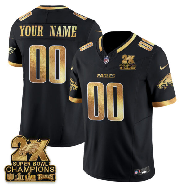 Philadelphia Eagles 2X Champions Patch Vapor Custom Jersey - All Stitched - Black Gold