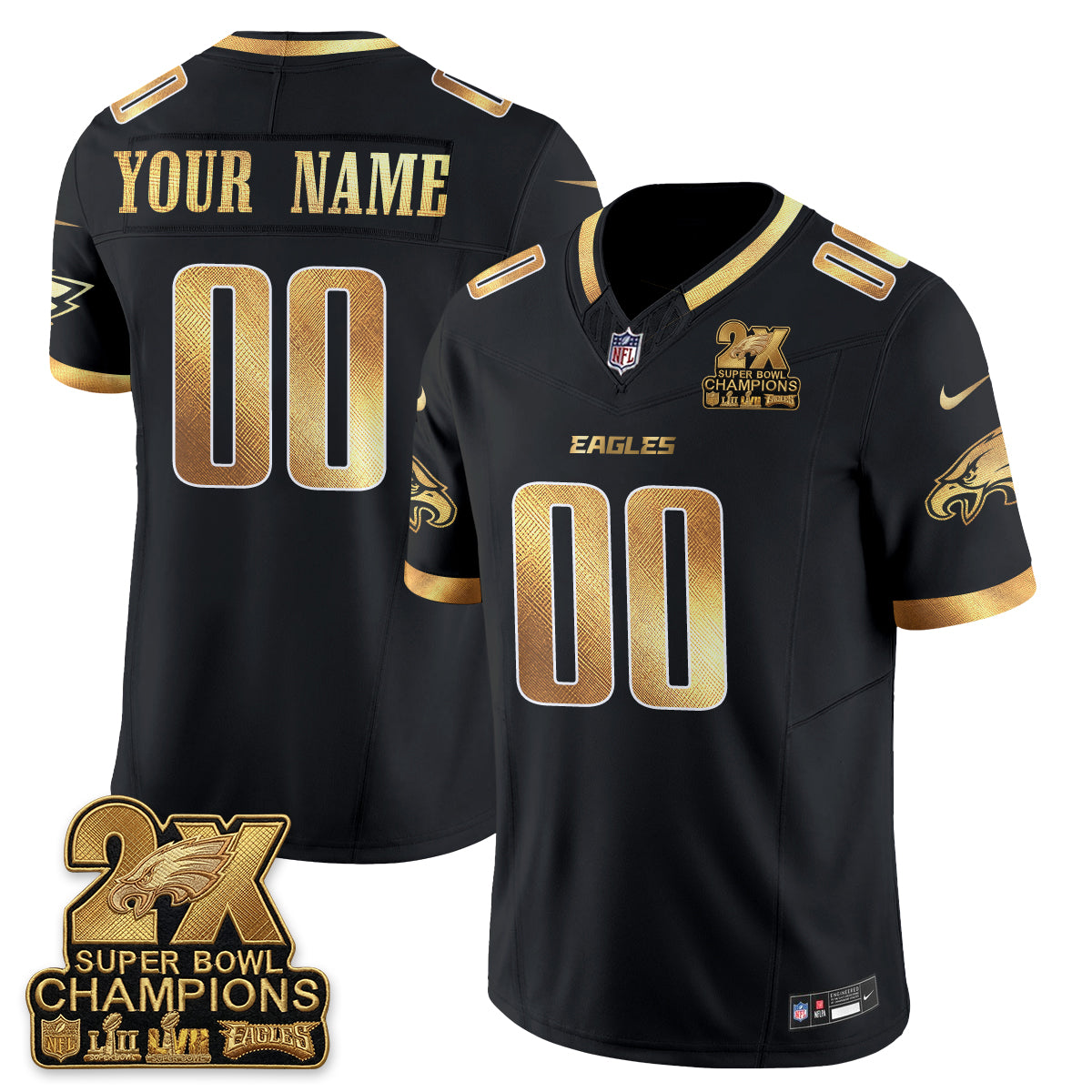 Philadelphia Eagles 2X Champions Patch Vapor Custom Jersey - All Stitched - Black Gold