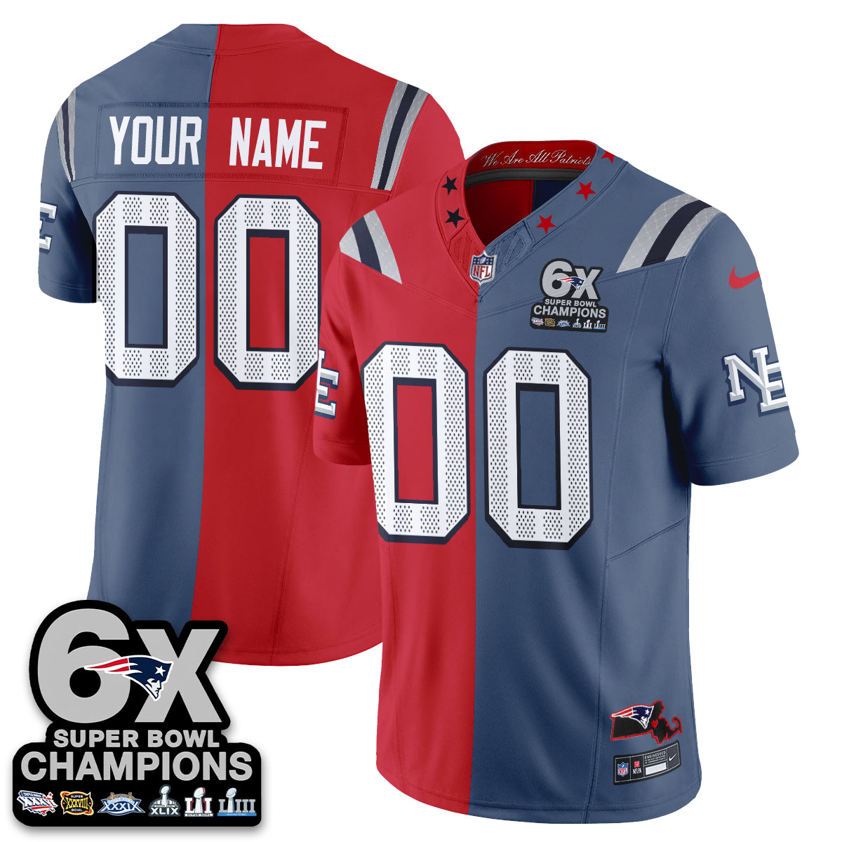 New England Patriots Team Rivalries Split Edition Vapor Custom Jersey - All Stitched - Blue Red