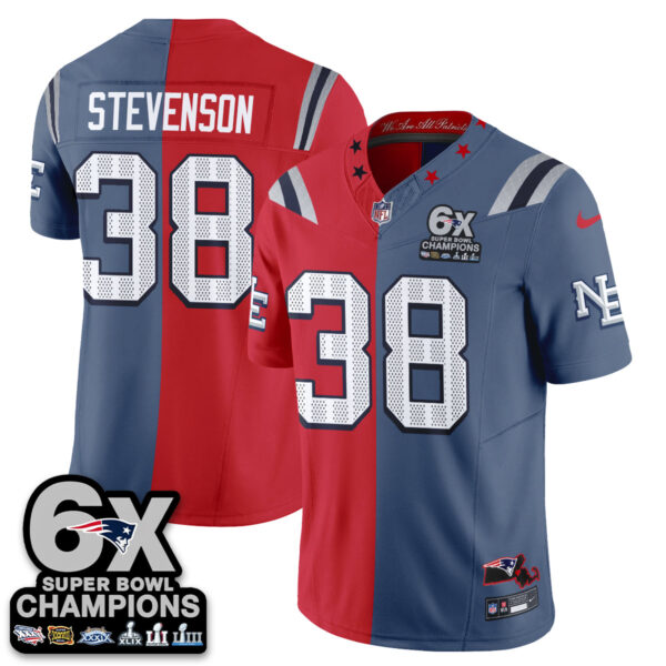 New England Patriots Rhamondre Stevenson Rivalries Split Edition Vapor Jersey - All Stitched - Blue Red