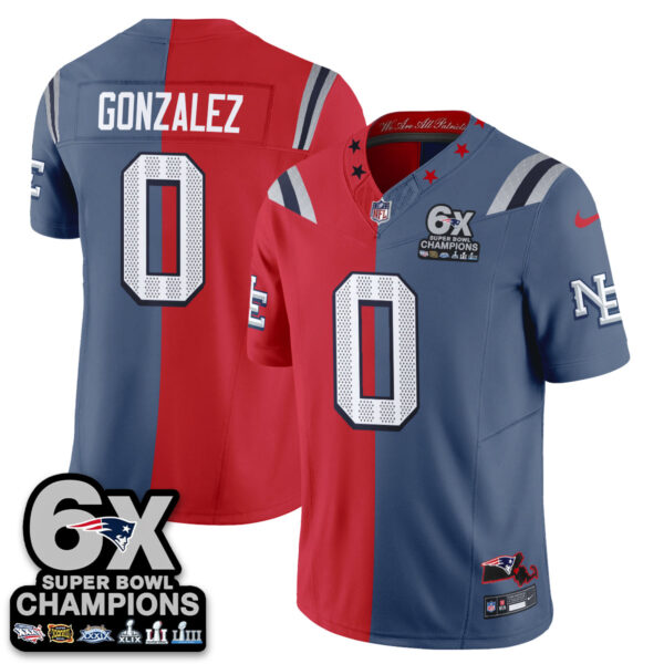 New England Patriots Christian Gonzalez Rivalries Split Edition Vapor Jersey - All Stitched - Blue Red