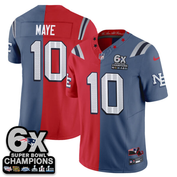 New England Patriots Drake Maye Rivalries Split Edition Vapor Jersey - All Stitched - Blue Red