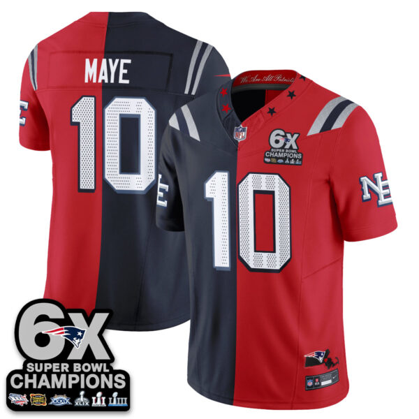 New England Patriots Drake Maye Rivalries Split Edition Vapor Jersey - All Stitched - Navy Red