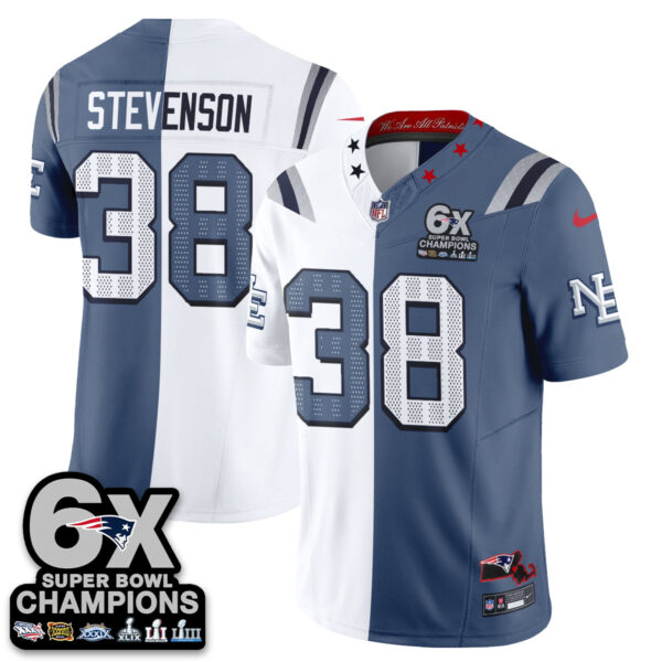 New England Patriots Rhamondre Stevenson Rivalries Split Edition Vapor Jersey - All Stitched - Blue White