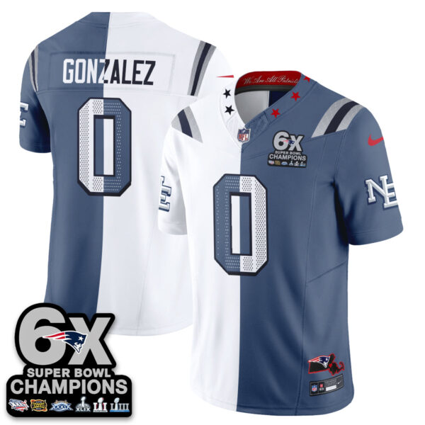New England Patriots Christian Gonzalez Rivalries Split Edition Vapor Jersey - All Stitched - Blue White