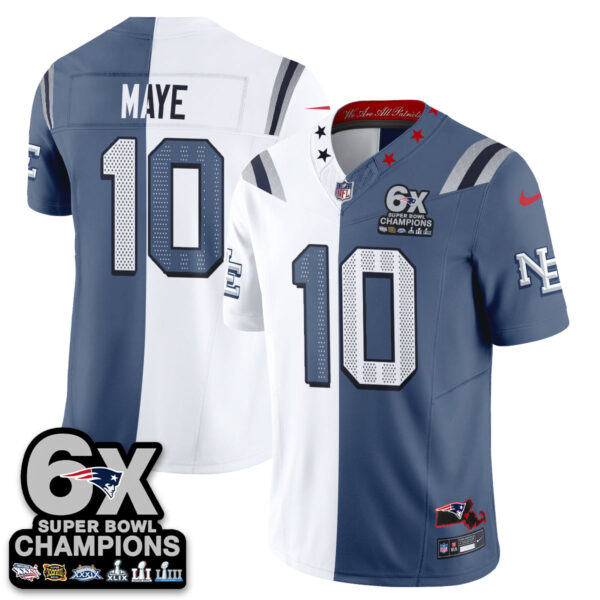 New England Patriots Drake Maye Rivalries Split Edition Vapor Jersey - All Stitched - Blue White