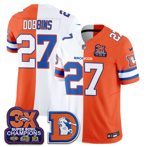 Denver Broncos J.K. Dobbins Throwback Split Edition Vapor Jersey - All Stitched - White Orange