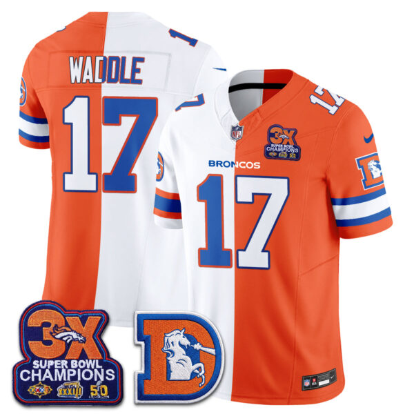 Denver Broncos Jaylen Waddle Throwback Split Edition Vapor Jersey - All Stitched - White Orange