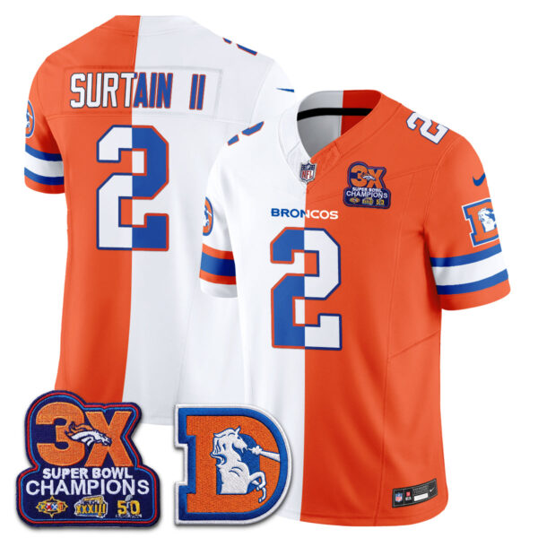 Denver Broncos Patrick Surtain II Throwback Split Edition Vapor Jersey - All Stitched - White Orange