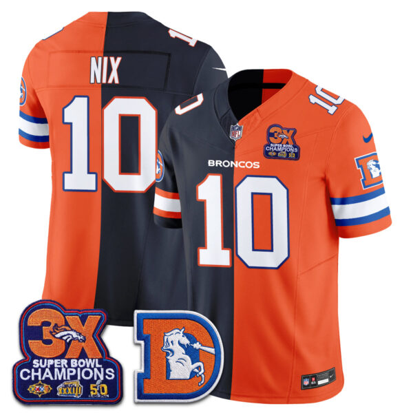 Denver Broncos Bo Nix Throwback Split Edition Vapor Jersey - All Stitched - Navy Orange