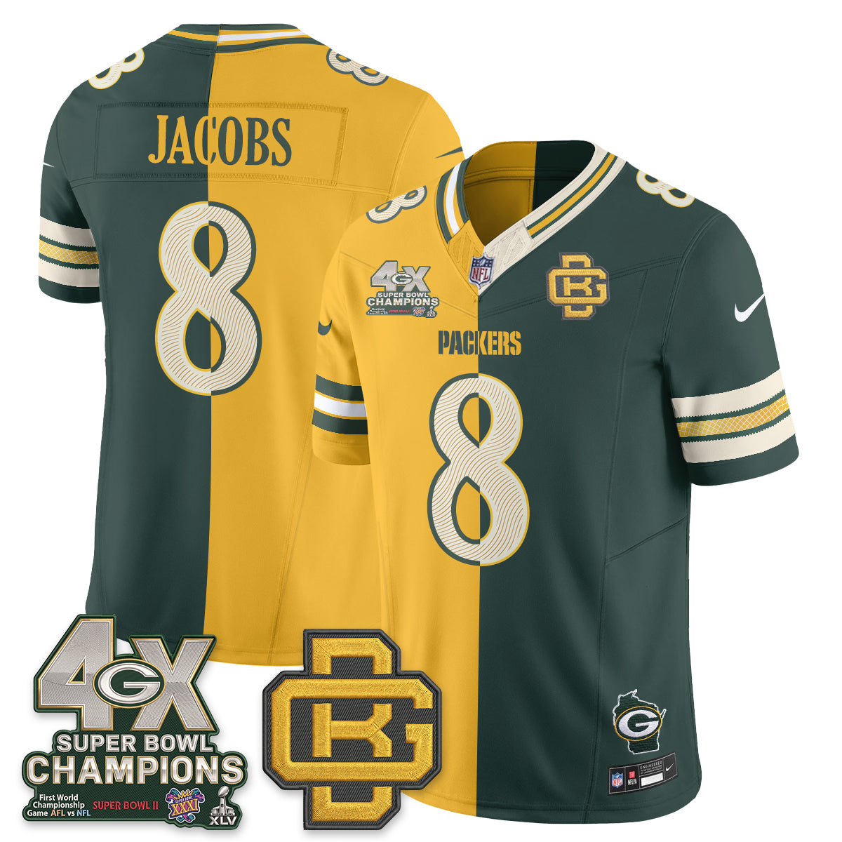 Green Bay Packers Josh Jacobs Rivalries Split Edition Vapor Jersey - All Stitched - Yellow Green