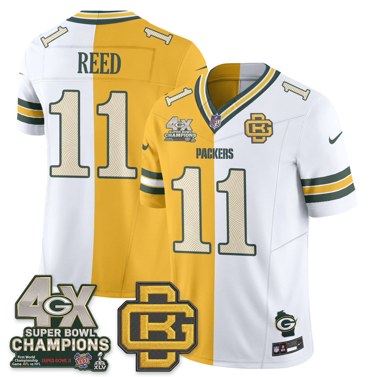 Green Bay Packers Jayden Reed Rivalries Split Edition Vapor Jersey - All Stitched - Yellow White