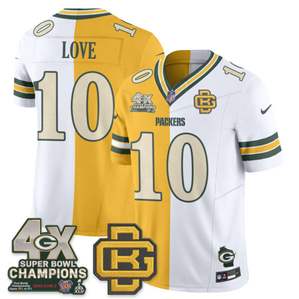 Green Bay Packers Jordan Love Rivalries Split Edition Vapor Jersey - All Stitched - Yellow White
