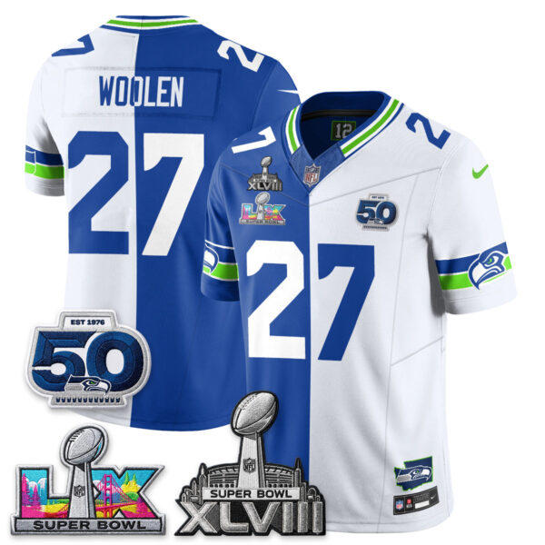 Seattle Seahawks Riq Woolen Super Bowl LX Champions Split Edition Vapor Jersey - All Stitched - Royal White