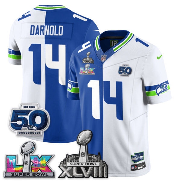 Seattle Seahawks Sam Darnold Super Bowl LX Champions Split Edition Vapor Jersey - All Stitched - Royal White