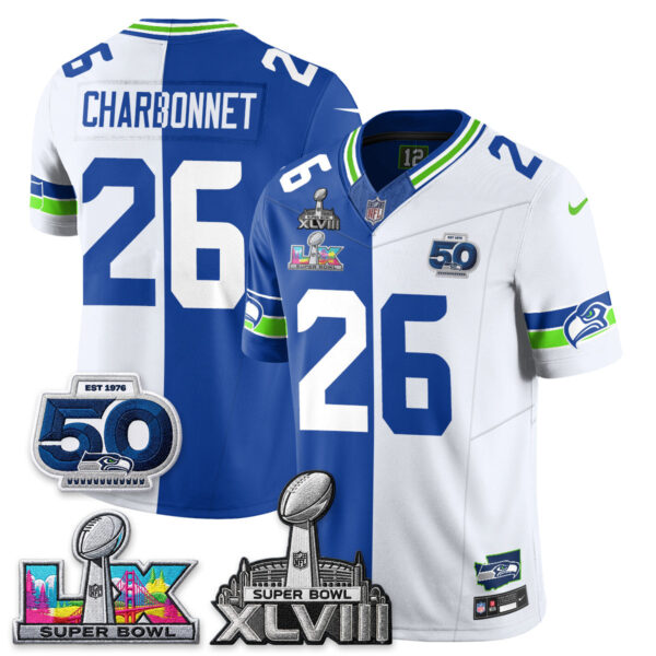 Seattle Seahawks Zach Charbonnet Super Bowl LX Champions Split Edition Vapor Jersey - All Stitched - Royal White