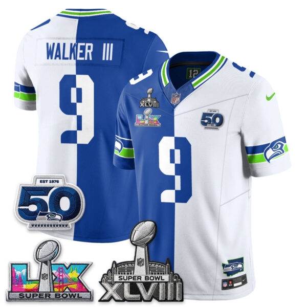 Seattle Seahawks Kenneth Walker III Super Bowl LX Champions Split Edition Vapor Jersey - All Stitched - Royal White