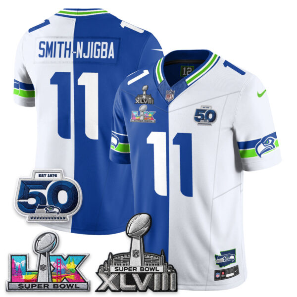 Seattle Seahawks Jaxon Smith-Njigba Super Bowl LX Champions Split Edition Vapor Jersey - All Stitched - Royal White