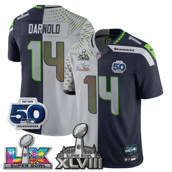 Seattle Seahawks Sam Darnold Super Bowl LX Champions Split Edition Vapor Jersey - All Stitched - Rivalries Navy