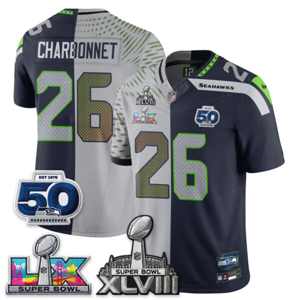 Seattle Seahawks Zach Charbonnet Super Bowl LX Champions Split Edition Vapor Jersey - All Stitched - Rivalries Navy
