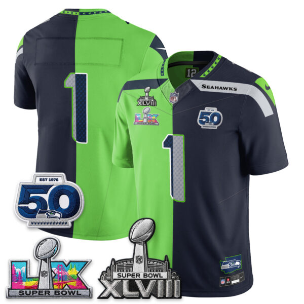Seattle Seahawks Team Super Bowl LX Champions Split Edition Vapor Jersey - All Stitched - Neon Navy