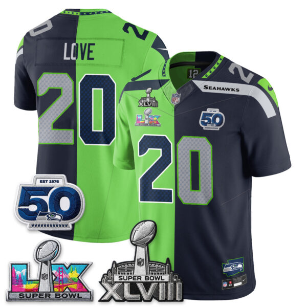 Seattle Seahawks Julian Love Super Bowl LX Champions Split Edition Vapor Jersey - All Stitched - Neon Navy