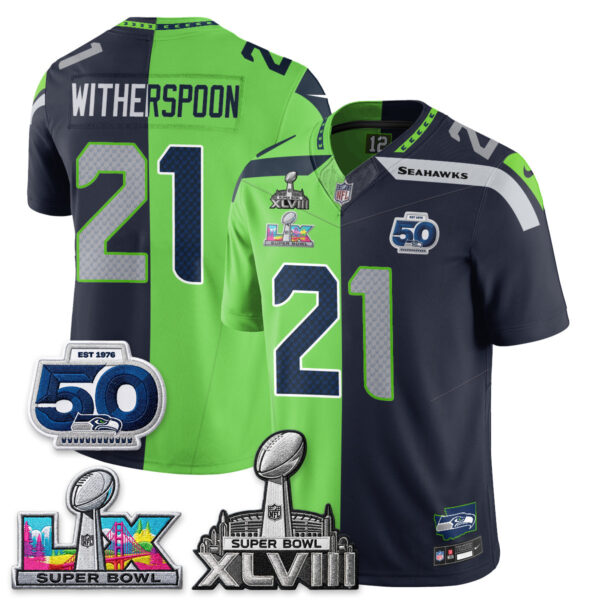Seattle Seahawks Devon Witherspoon Super Bowl LX Champions Split Edition Vapor Jersey - All Stitched - Neon Navy