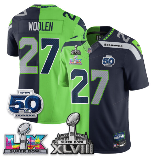 Seattle Seahawks Riq Woolen Super Bowl LX Champions Split Edition Vapor Jersey - All Stitched - Neon Navy