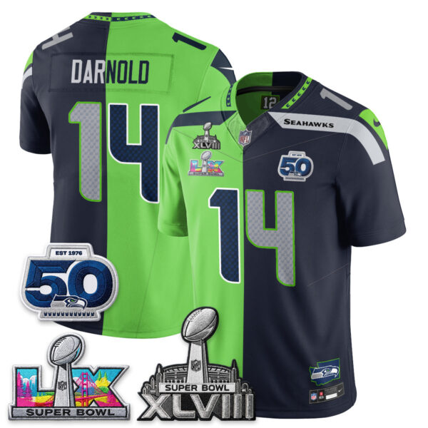 Seattle Seahawks Sam Darnold Super Bowl LX Champions Split Edition Vapor Jersey - All Stitched - Neon Navy