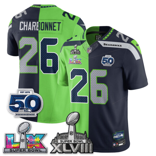 Seattle Seahawks Zach Charbonnet Super Bowl LX Champions Split Edition Vapor Jersey - All Stitched - Neon Navy