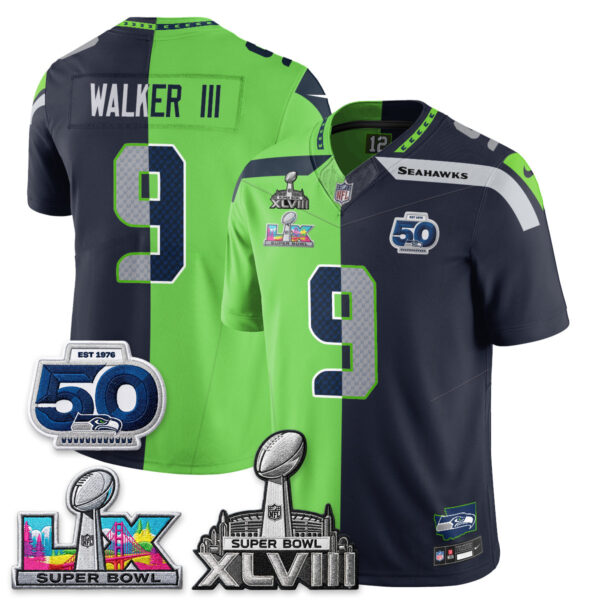 Seattle Seahawks Kenneth Walker III Super Bowl LX Champions Split Edition Vapor Jersey - All Stitched - Neon Navy