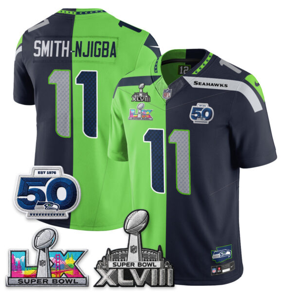 Seattle Seahawks Jaxon Smith-Njigba Super Bowl LX Champions Split Edition Vapor Jersey - All Stitched - Neon Navy