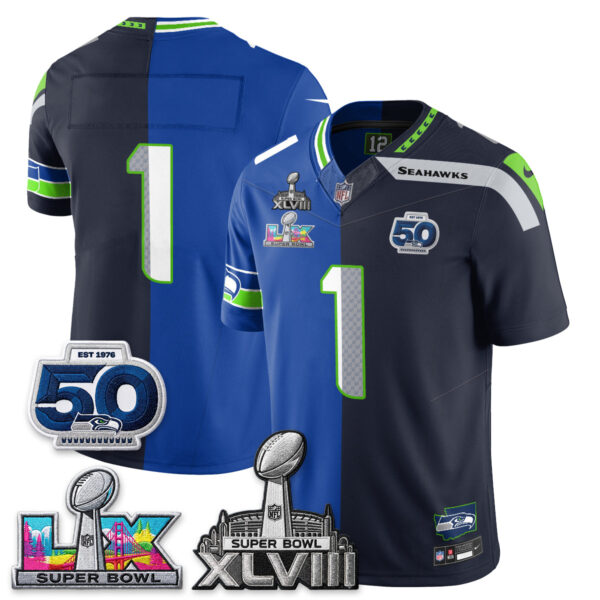 Seattle Seahawks Team Super Bowl LX Champions Split Edition Vapor Jersey - All Stitched - Royal Navy