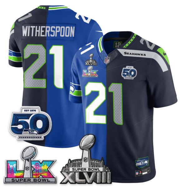 Seattle Seahawks Devon Witherspoon Super Bowl LX Champions Split Edition Vapor Jersey - All Stitched - Royal Navy