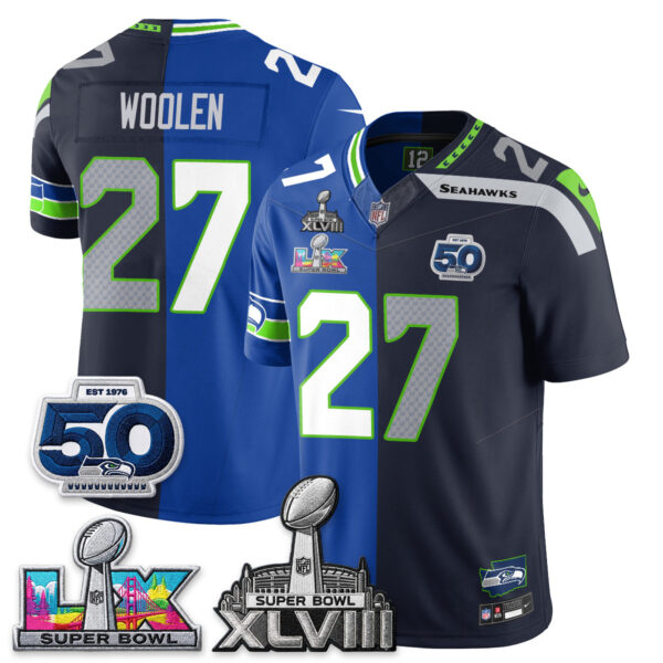 Seattle Seahawks Riq Woolen Super Bowl LX Champions Split Edition Vapor Jersey - All Stitched - Royal Navy