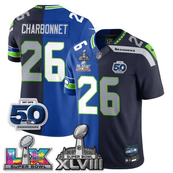 Seattle Seahawks Zach Charbonnet Super Bowl LX Champions Split Edition Vapor Jersey - All Stitched - Royal Navy