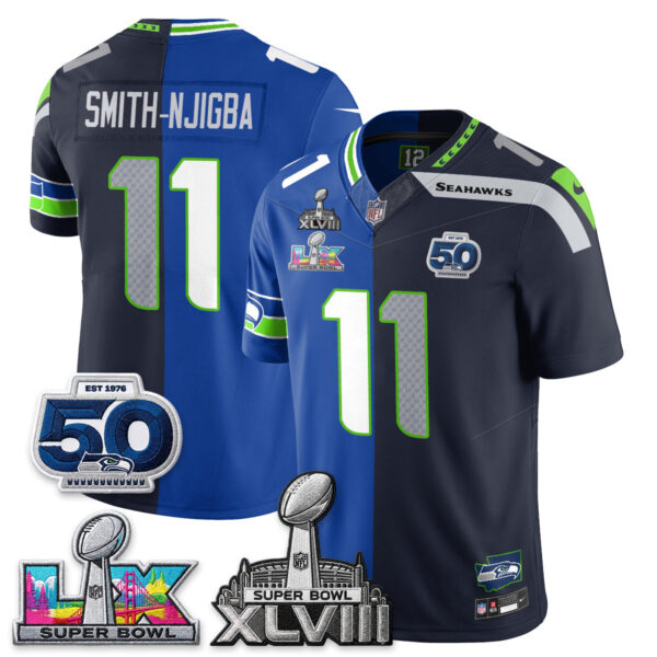 Seattle Seahawks Jaxon Smith-Njigba Super Bowl LX Champions Split Edition Vapor Jersey - All Stitched - Royal Navy