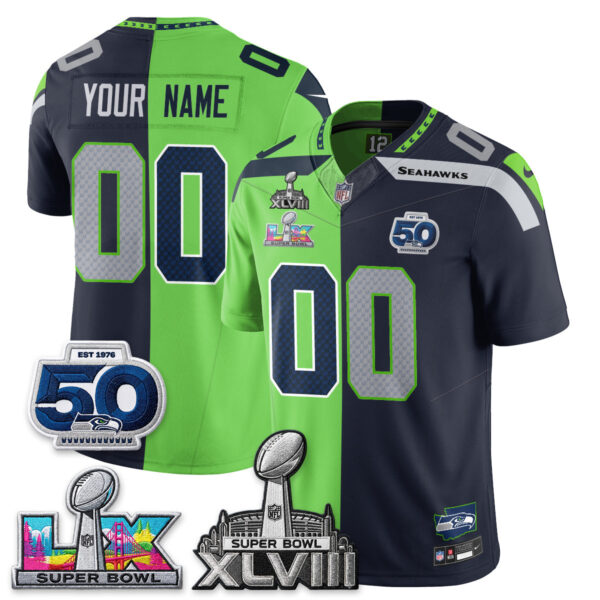 Seattle Seahawks Super Bowl LX Champions Split Edition Vapor Custom Jersey - All Stitched - Neon Navy