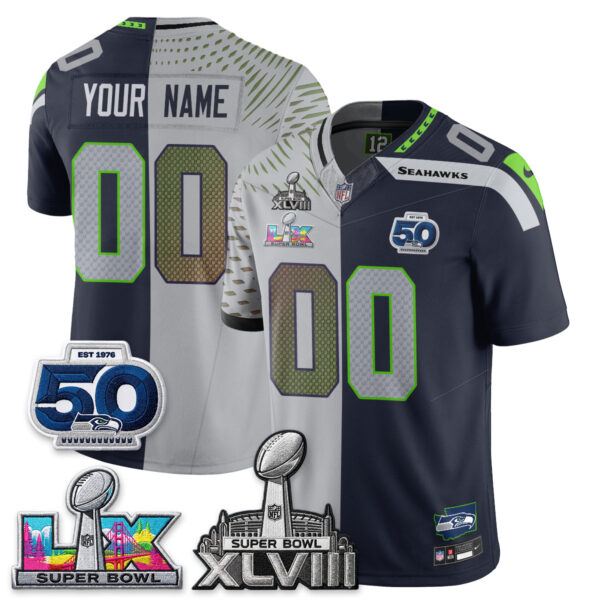 Seattle Seahawks Super Bowl LX Champions Split Edition Vapor Custom Jersey - All Stitched - Rivalries Navy