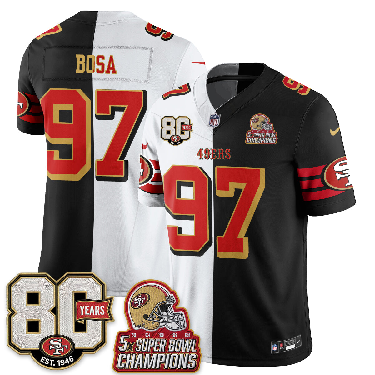 San Francisco 49ers Nick Bosa Split Style Vapor Jersey - All Stitched - White Black