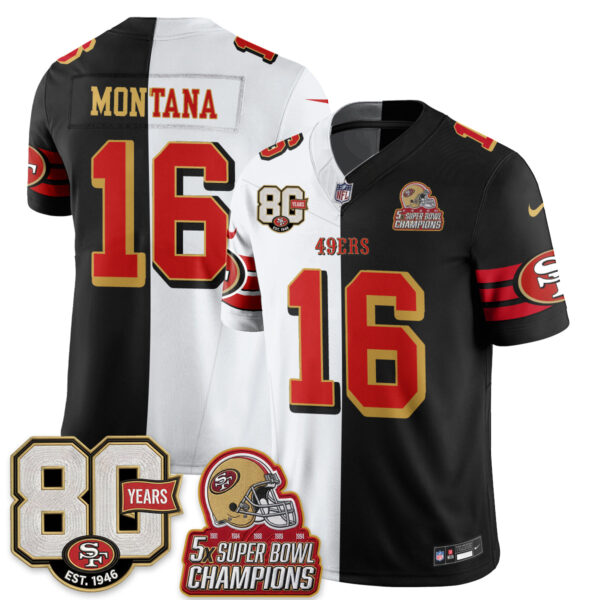 San Francisco 49ers Joe Montana Split Style Vapor Jersey - All Stitched - White Black