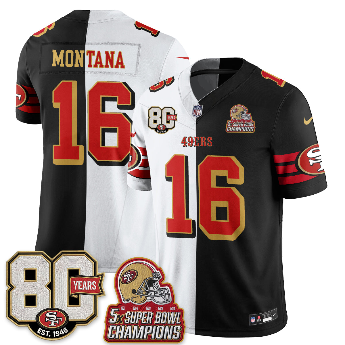 San Francisco 49ers Joe Montana Split Style Vapor Jersey - All Stitched - White Black
