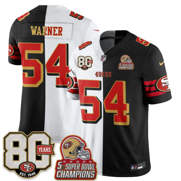 San Francisco 49ers Fred Warner Split Style Vapor Jersey - All Stitched - White Black